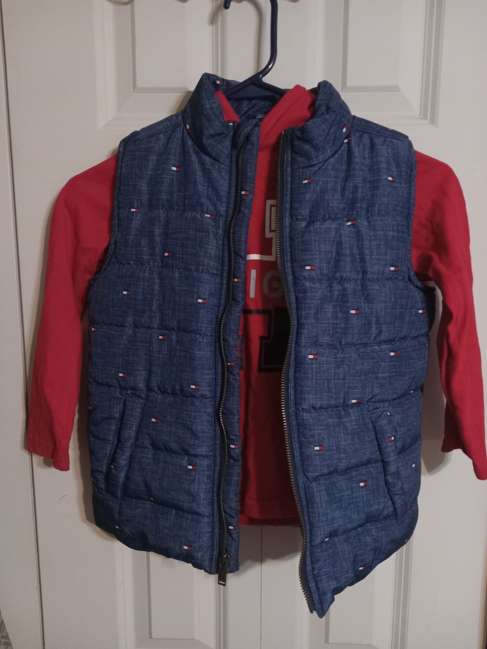 Tommy Hilfiger Blue Quilted Puffer Vest with Red Hoodie Layered Look